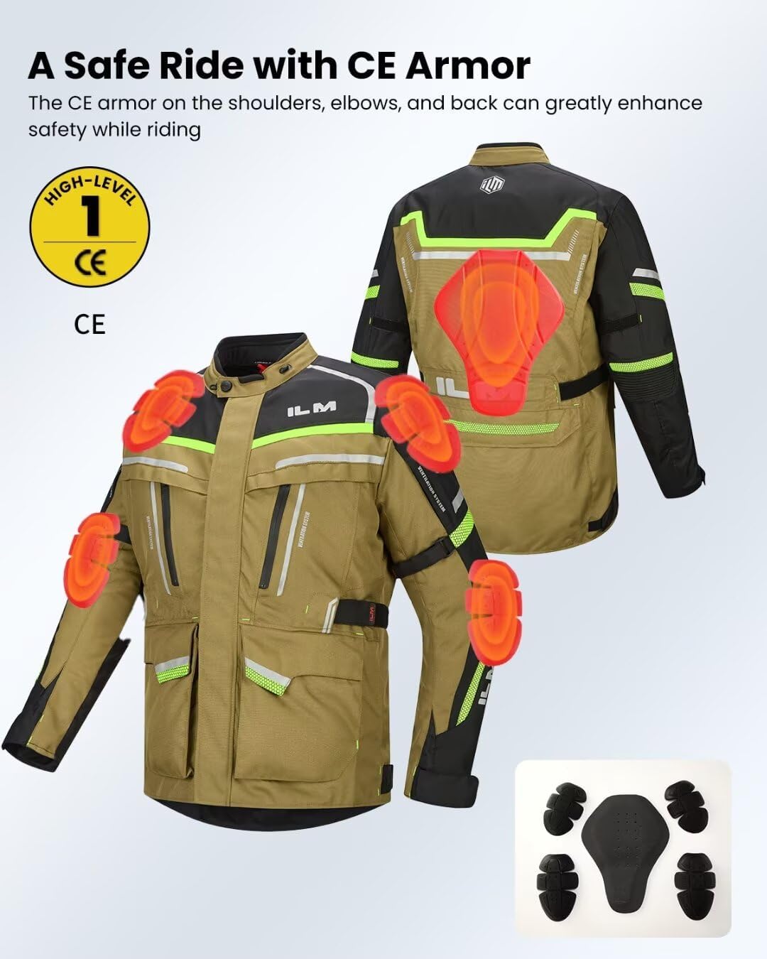 ILM Men's Street Motorcycle Jacket with CE Armor and Detachable Thermal Liner All Season Waterproof Adventure Touring Jackets Model JRL3 Yellowish Brown, L - Image 7