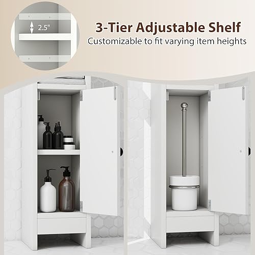 Miniatura 7 de Tangkula Armario de almacenamiento de baño pequeño, gabinete de piso de esquina delgado estrecho con estante ajustable y 2 estantes abiertos,