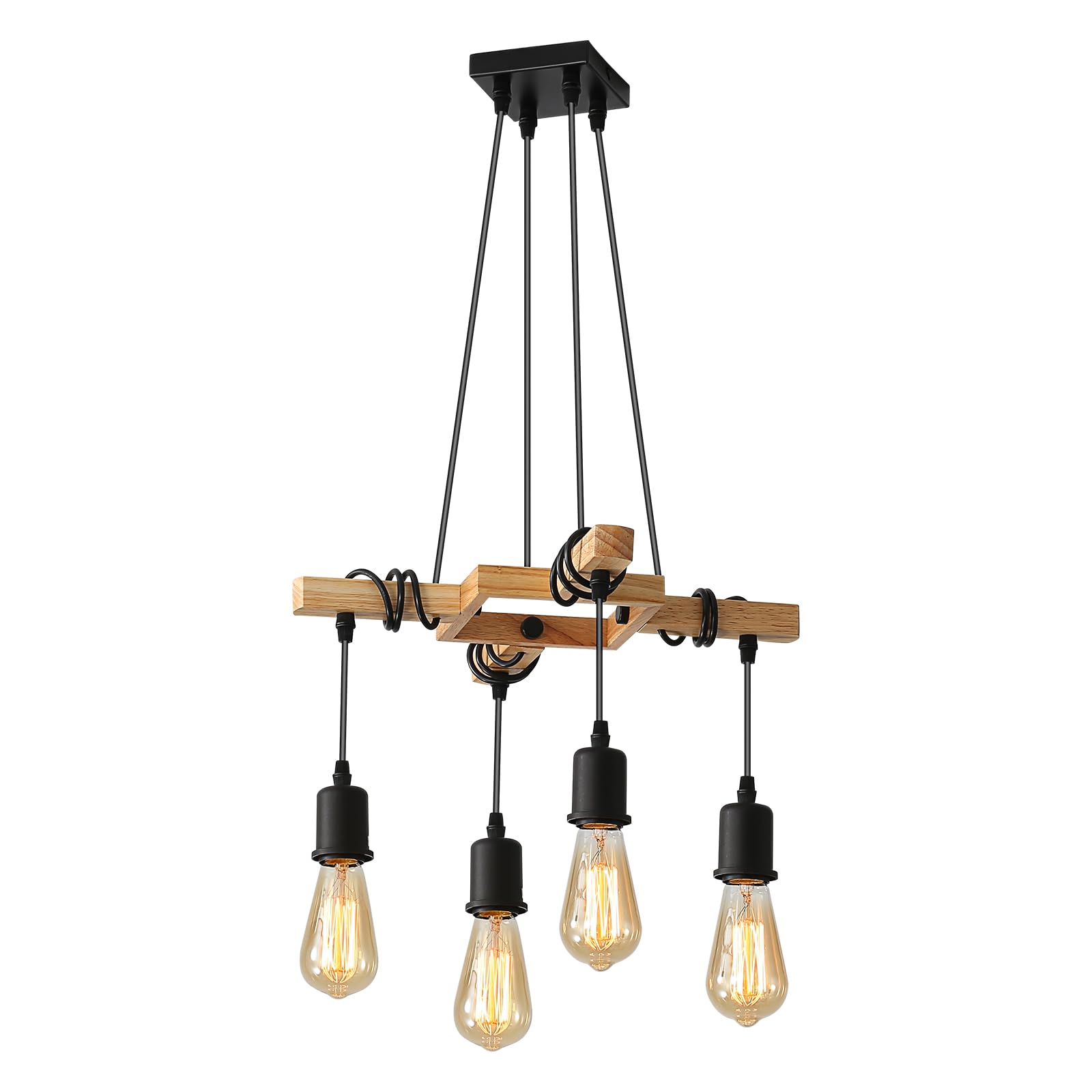 Toolight Lámpara Colgante Industrial, 4 Luces Lámpara de Techo de Madera, E27 Luz de Techo Interior Regulable Vintage para Salón Cocina Dormitorio max 60W (Bombilla no Incluida)