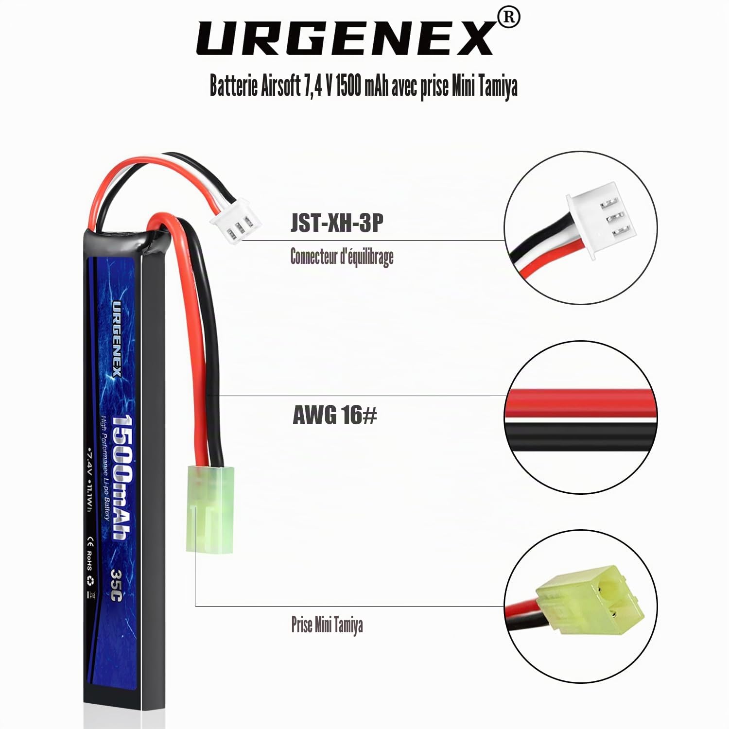 Pack de batterie Lipo Airsoft 7,4 V 1500 mAh 35 C à taux de décharge élevé avec mini prise rechargeable 2S pour pistolets modèles Airsoft