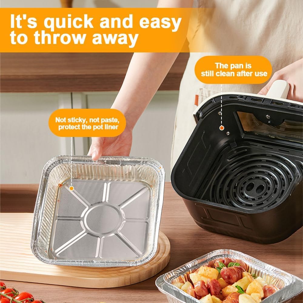 50 Stück Aluminiumfolien-Tabletts, 20,3 cm große Folien-Backbleche, quadratische Blechfolienschalen, Einweg-Folienbehälter, Folienschalen, Luftfritteusen-Einsatz zum Backen, Kochen, Ofen,