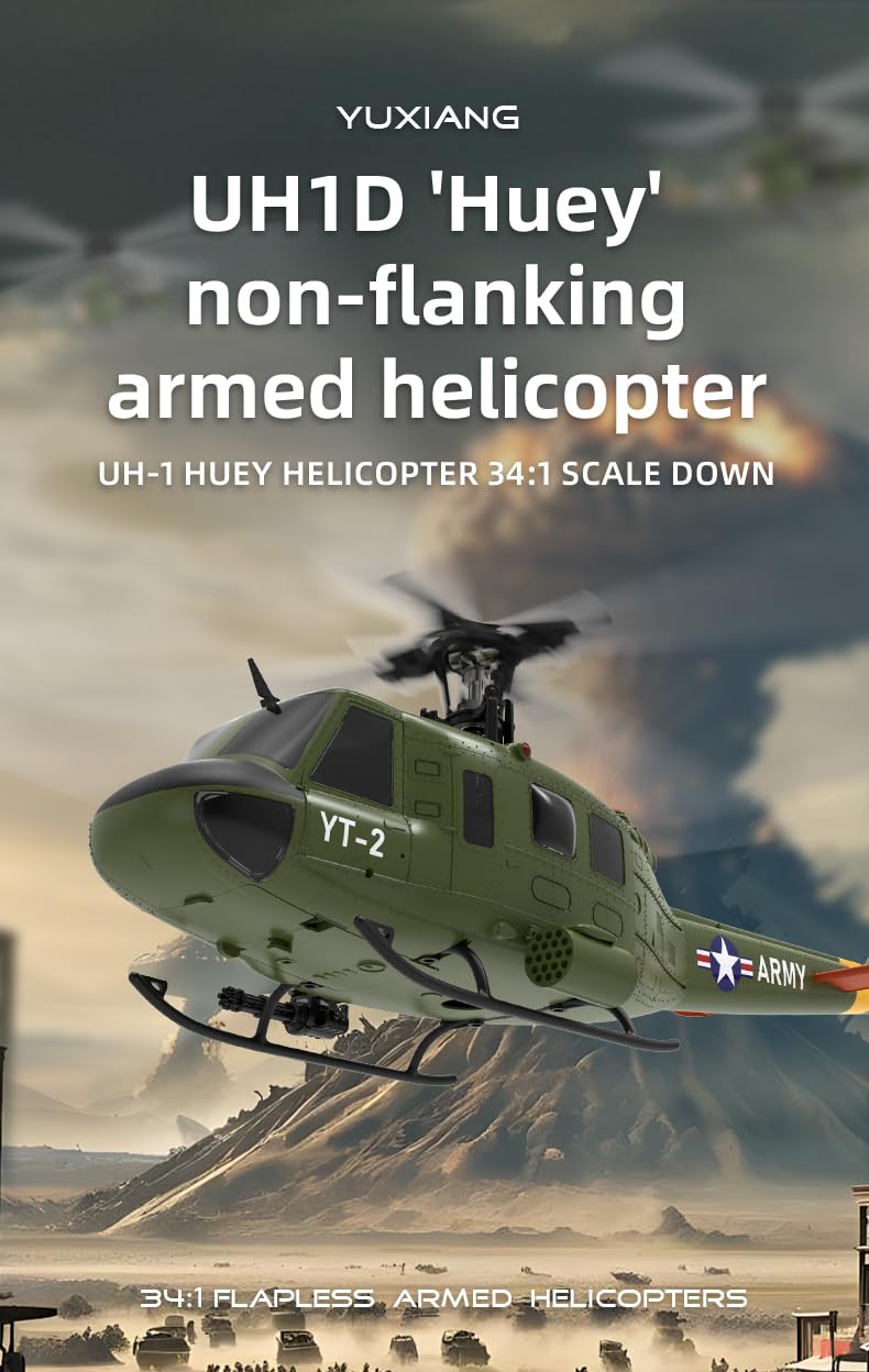 NULA YUXIANG F07 UH-1D RC Hubschrauber für Erwachsene, 1/34, 6 H 2,4 G 6-Achsen-Gyro 3D/6 G Bürstenloser Ferngesteuerter Helikopter Flugflugzeug Optische Flusspositionierung – 2 Batterie