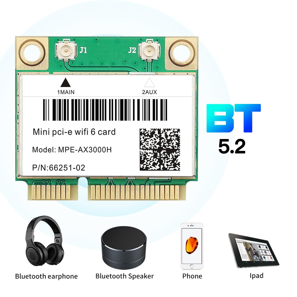 MPE-AX3000H Carte Wi-Fi 6 avec Bluetooth 5.2 PCIe, 574 Mbit/s + 2,4 Gbps AX3000, 160 MHz, OFDMA, MU-MIMO, pour ordinateur portable, faible latence pour jeu/streaming, compatible avec Windows 10/11 64