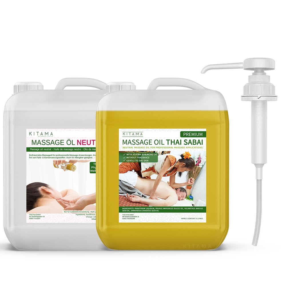 Kitama Massageöl Set 10L (2x5L Kanister) Parfümfrei plus Pumpe | Inkl. 5L Massageöl Neutral (für Allergiker) & 5L Massageöl Thai Sabai mit Jojoba & Mandel. Duftfrei für Profis,