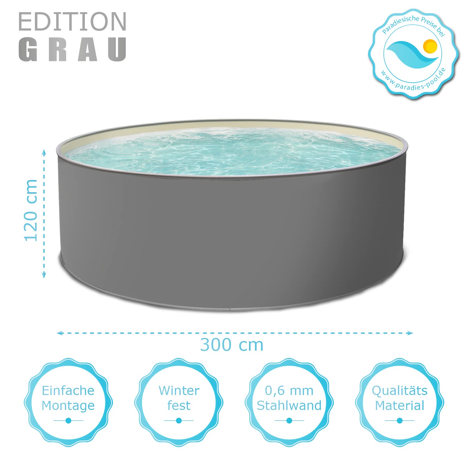 Paradies Pool® Edition grau Einzelbecken rund, 300x120cm (Ø x H), Stahlwandbecken, Poolplane in Sand 0,6mm, Handlauf grau, inkl. Skimmer-Set, Swimmingpool, Menge: 1 Stück