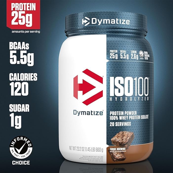 Image of Dymatize Nutrition ISO100 Whey Protein Powder Isolate, Fudge Brownie, 25G of Protein, 20 Servings, 5.5G BCAAs, Less Than 120 Cal., Gluten Free, 1G Fat, 1G Sugar, 2G Carb