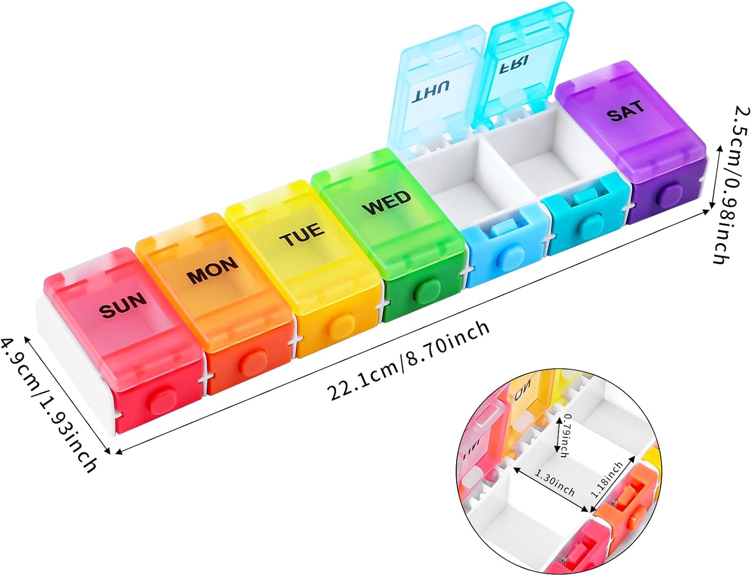 Rainbow 7 Day Pill Organizer Push Button for Vitamin Supplements Box | Weekly Pill Case,Container for Fish Oil Medicine,Travel Pill Holder,Easy for Arthritic Hand,BPA-Free
