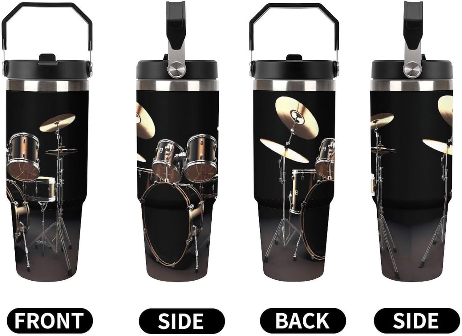 30oz Insulated Tumblers with Top Handle, Stainless Steel Cool Drum Set Car Cup with Straw for Gift, Leak-Proof Double Wall Vacuum Travel Mug, Personalized Water Bottles Black