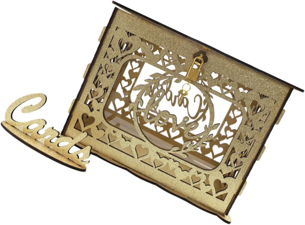 Alipis Wooden Card Box with Hollow Design and Glitter for Wedding Reception, Birthday, Anniversary, and Valentine’s Day Decoration, Large Envelope and Greeting Card Holder without Lights