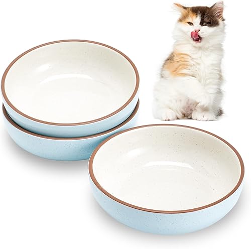 Platos de cerámica para gatos de 5.3 pulgadas, cuencos poco profundos para mascotas pequeñas, paquete de 3 para comida y agua, color azul