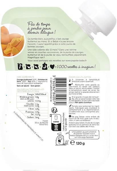 POPOTE - Purée Courge Butternut Bio - Dès 4/6 Mois - Gourde Individuelle 120 g - Recette Lisse, Équilibrée - Première Découverte des Légumes - Format Pratique à Emporter - Pack Familial 10 x 120 g - 3