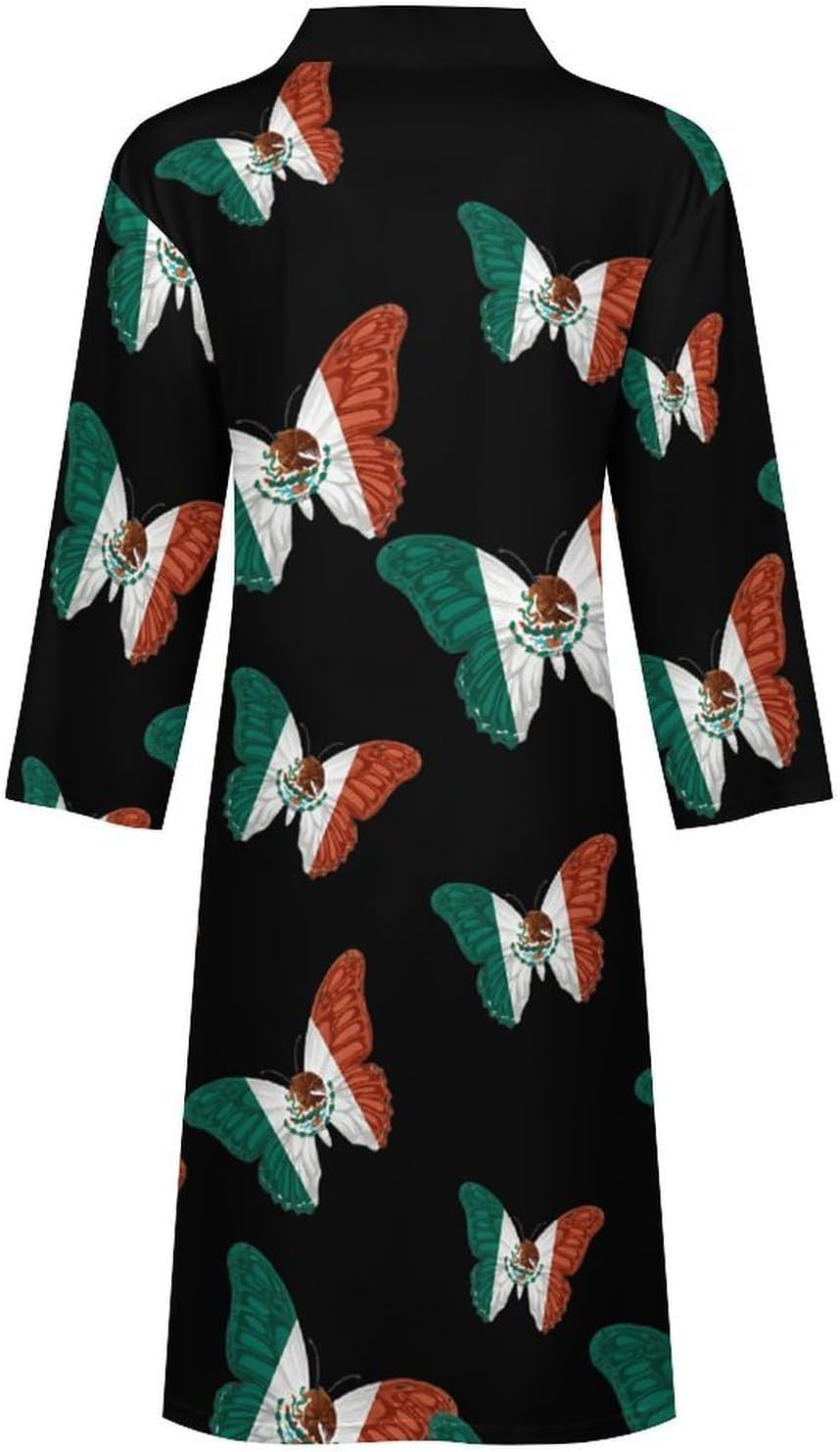 Mexican Butterflies Mexico Flag Casual Robes Bathrobe Knee Length V-neck Loungewear Sleepwear