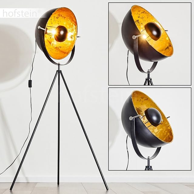 Floor Light Saturn, Vintage Projector Light in Gold & Black Metal for 1 x E27 max. 40 Watt Light Bulb, Retro Light with Cord Switch, Suitable LED Bulbs