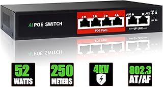4 Port PoE Switch ( 4 x PoE and 2 Ethernet Uplink Port),100Mbps,65W 802.3af/at,Extend Function,Desktop,Unmanaged Metal Plug and Play