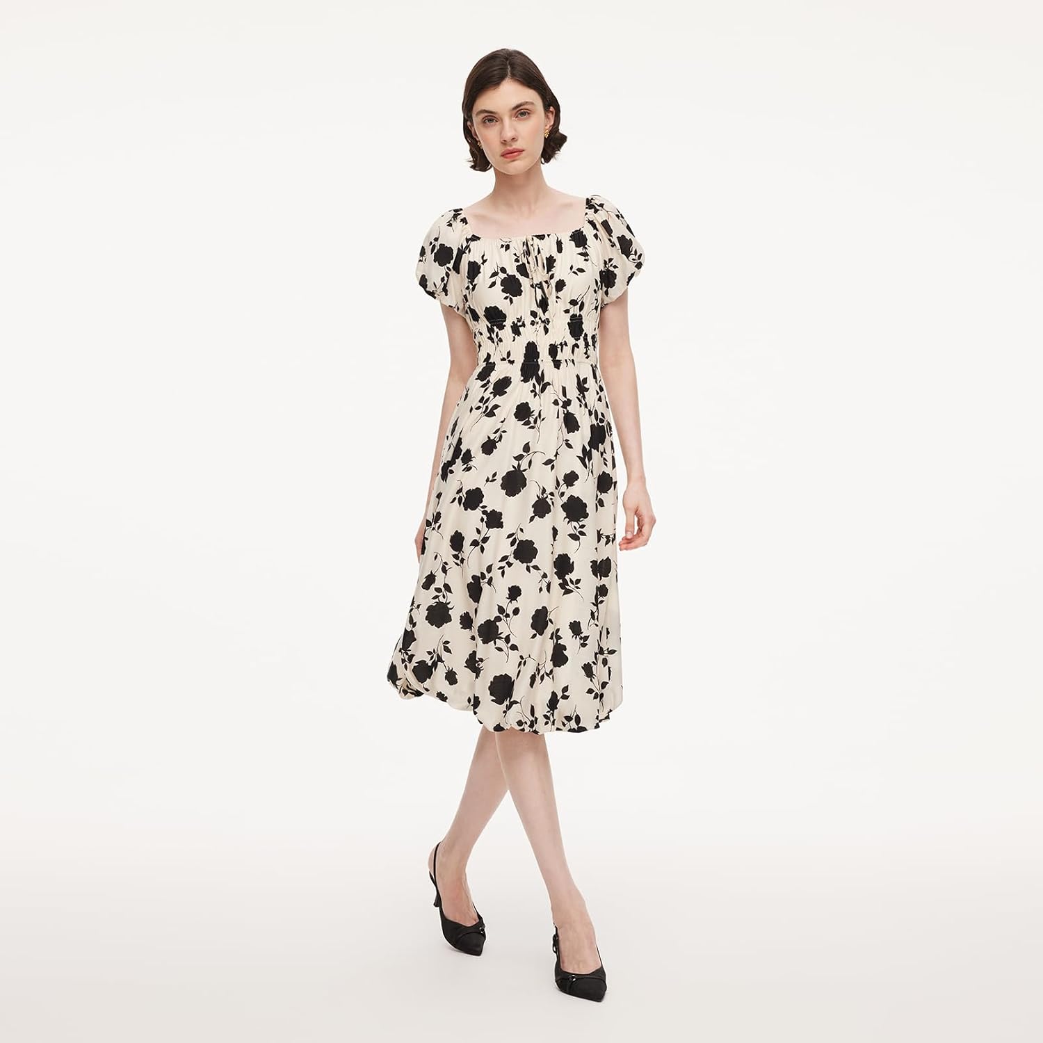 GOELIA Women Bubble Hem Midi Dress 2026 Puff Sleeve Square Neck Dress Acetate Blend Casual Floral Dresses with Scrunchie