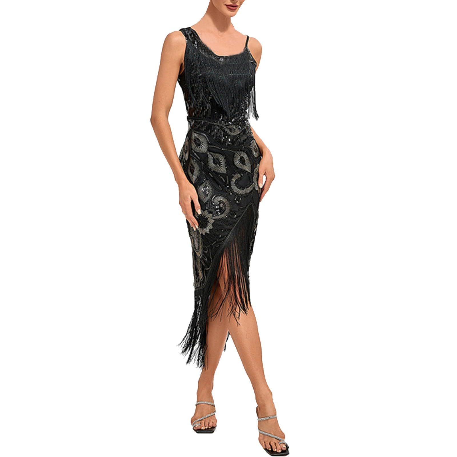 Viloree Jaren 20 Flapper franjes pailletten jurk brullende jaren 20 carnaval Gatsby kostuum jurk V-hals vintage kralen avondjurk, Zwart Wit, S
