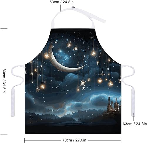 Miniatura 2 de MUSM Apron for Adults - 27.6 X 31.5 Inch, Heavy-Duty Polyester Aprons with Two Large Pockets, Waterproof Nightsky Hanging Moon Stars Kitchen Apron