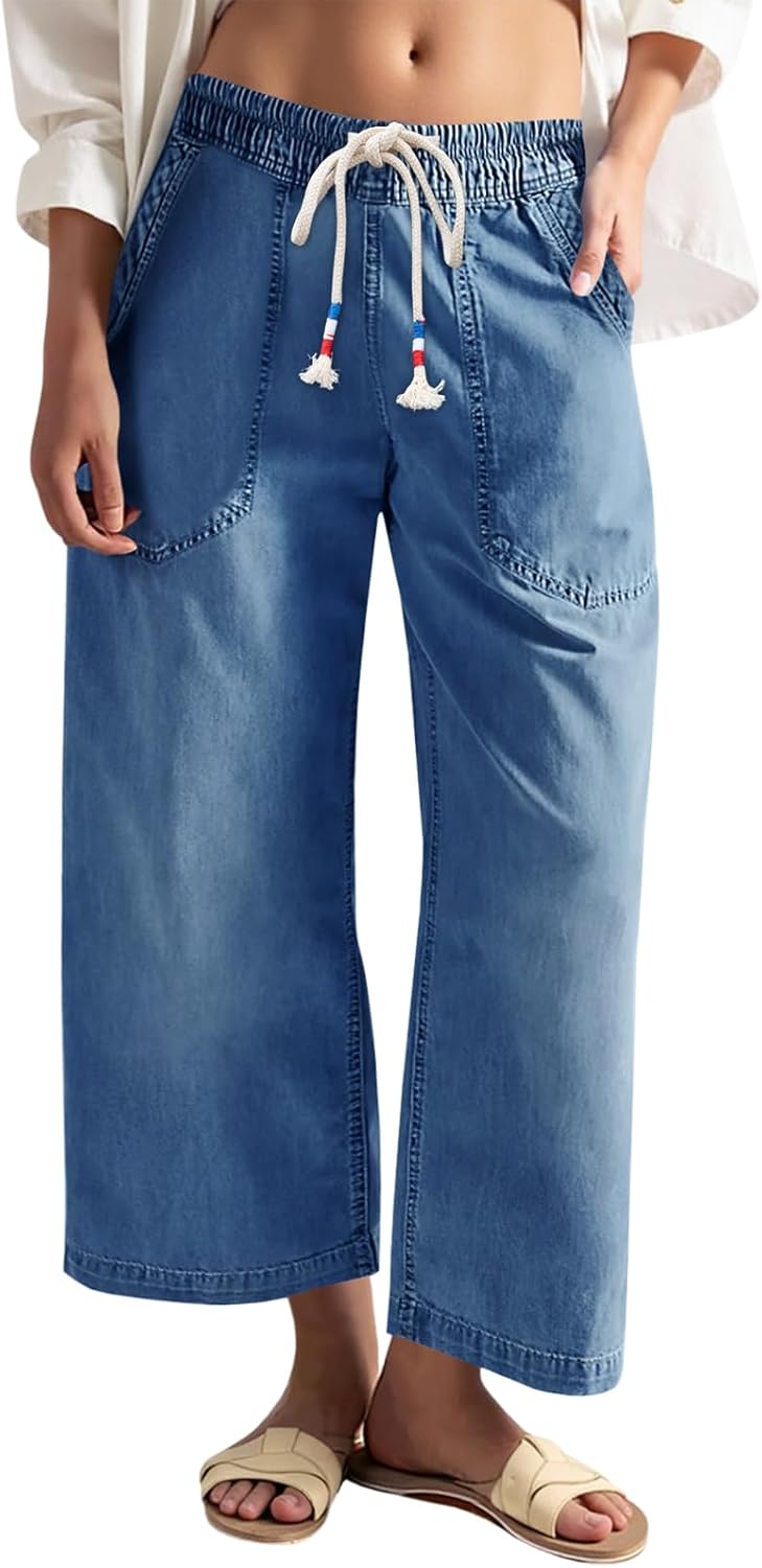 Cicy Bell Women's Wide Leg Jeans Casual Drawstring High Wasit Boyfriend Loose Baggy Capri Denim Pants with Pockets