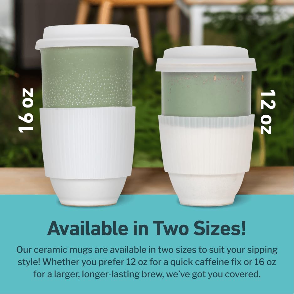 Image of NOVA CERAMICS Travel Mug - Tea Tumbler- Microwave & Dishwasher Safe Coffee Mug Green & White Tumbler - Gifts For Women Men Him Her - 16oz - Sage Green