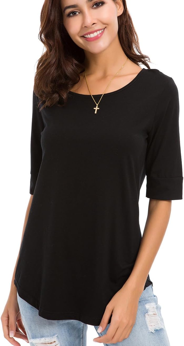 Summer Tops for Women Fashion Loose Fitting Mid Sleeve Crewneck Cotton T Shirts - Image 5