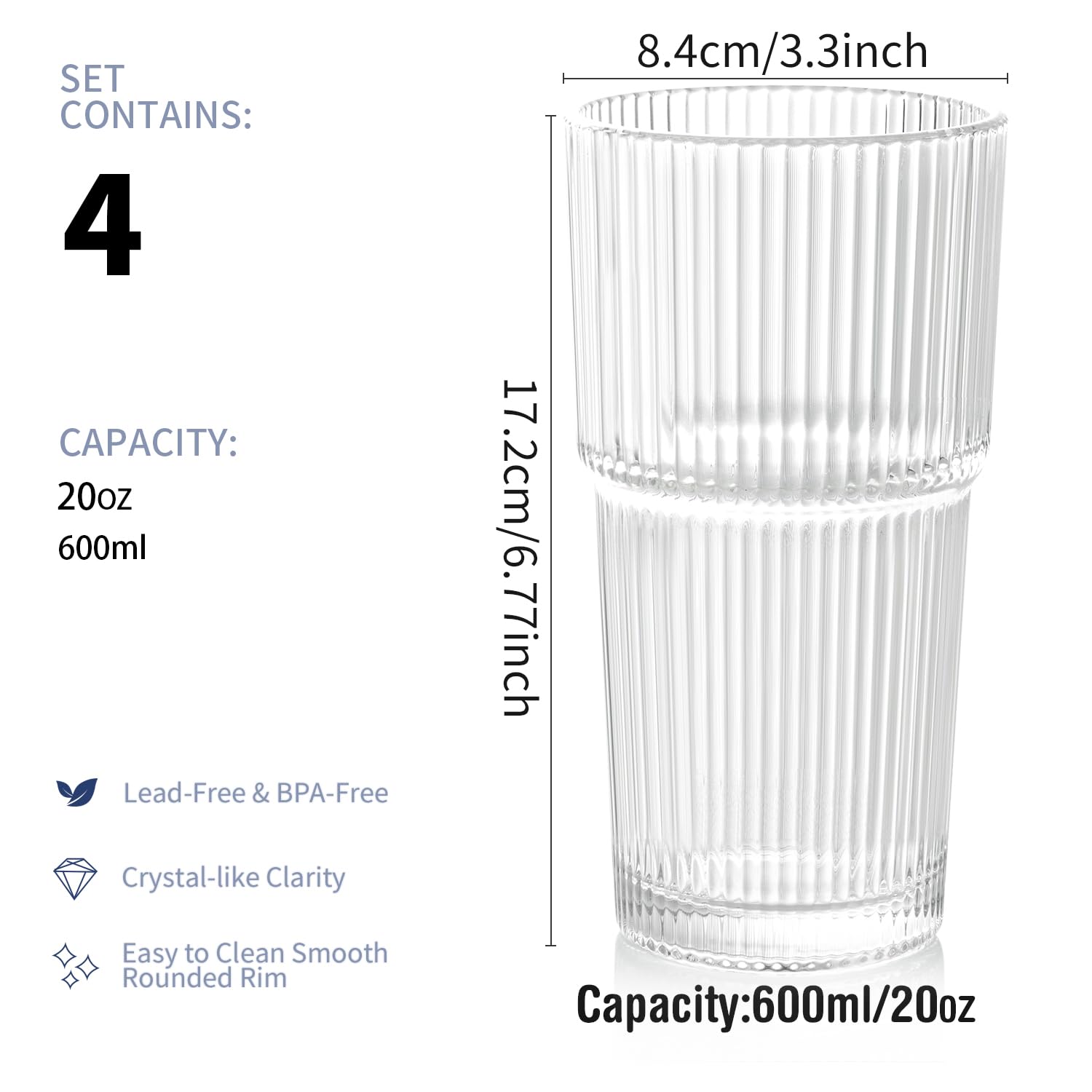 Sunidearly Ribbed Glass Tumbler Set of 4-20oz Textured Drinking Glasses for Iced Coffee, Smoothies & Cocktails - Durable Glassware with Wide Rim - Dishwasher-Safe Cups for Kitchen or Bars