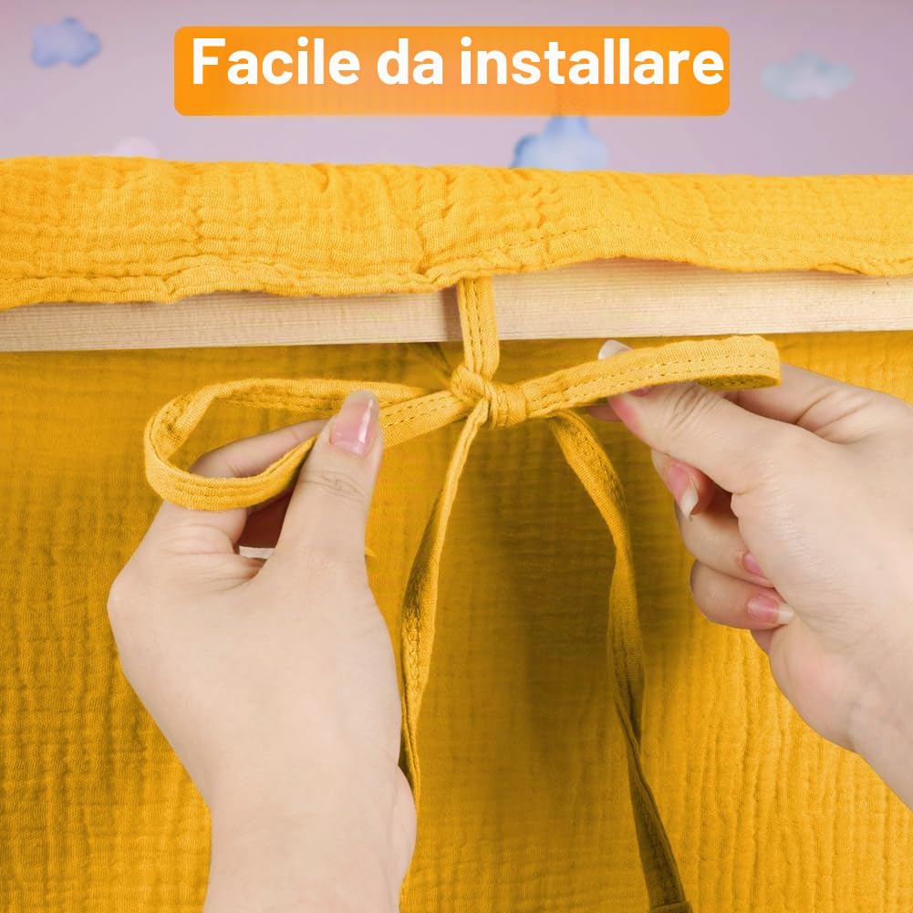 Vicloon Tenda Letto Bambini 100% Cotone, Tenda Letto Montessori per Letto Bambini, Baldacchini in Tessuto, Tenda da Letto per la casa in Mussola, 135 x 360 cm, Curcuma
