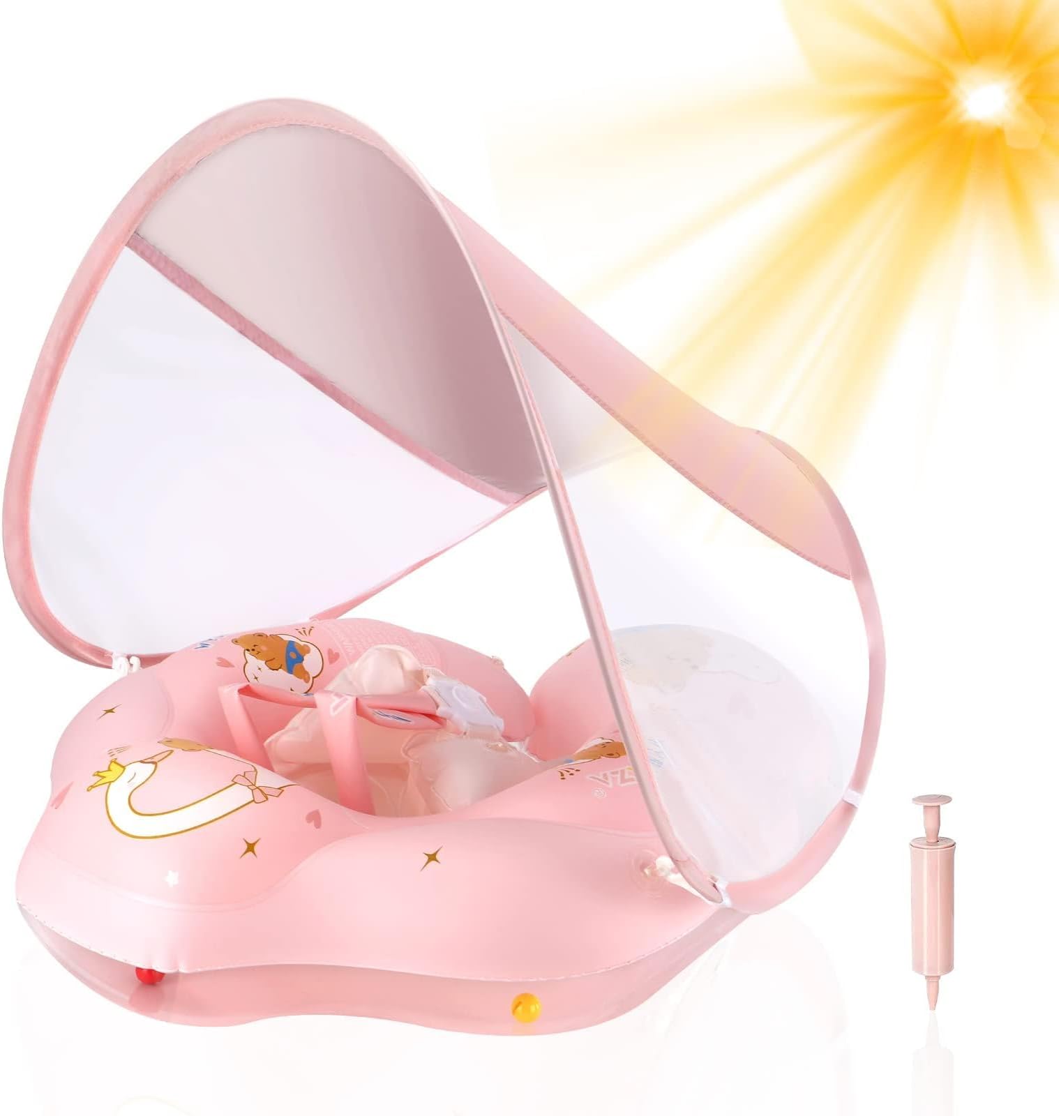 Baby Float with Canopy UPF50+ Sun Protection for Infant Newborn Toddler Inflatable Swimming Spring Swim Water Float 0-36 Months with Balance Ball Safety Seat