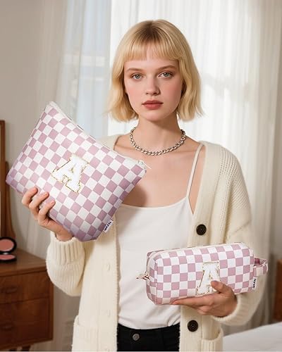 Miniatura 8 de Narwey Bolsas de maquillaje personalizadas con iniciales a cuadros, 2 piezas, bolsas de cosméticos, 6, 8, 10, 11, 12, 13, 14, 16, 18 años, regalos