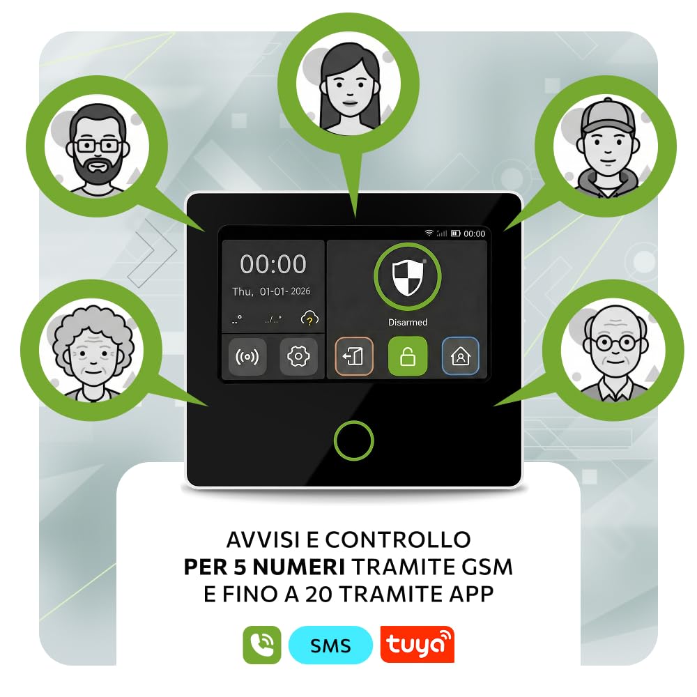 HXA502 Antifurto casa senza fili WiFi + GSM 4G con sirena solare senza fili | Sistema allarme casa con 9x sensore di movimento, 9x sensori per porte | Compatibile con TUYA, menù: ITALIANO