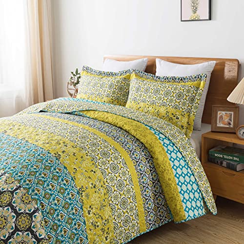 Travan Boho Stripe Quilt Sets Floral Printed Reversible Soft Bohemian Bedding Set With Shams For All Season, Lemon Yellow Stripe, King Size #TOP2