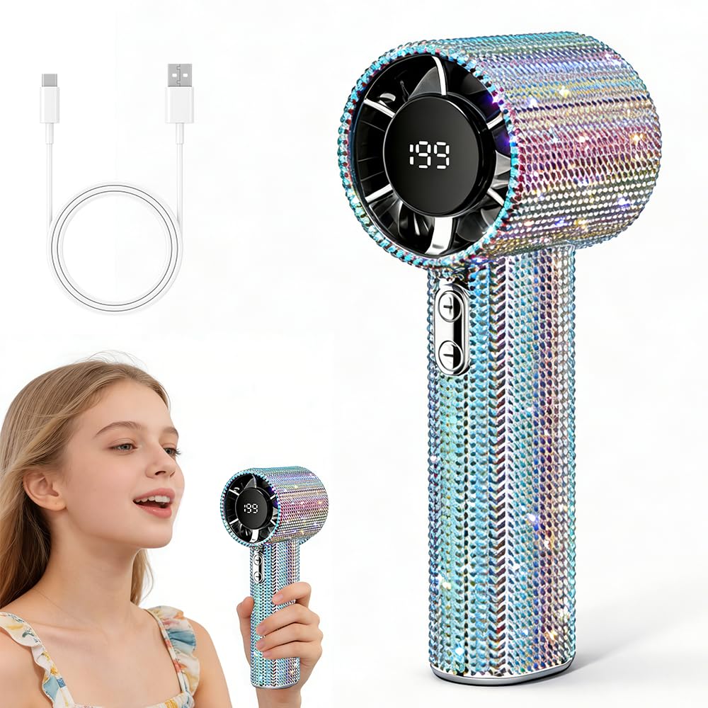 HOVCEH Handheld Fan Rechargeable,Full Diamond Hand Fan With Digital Display, 199 Gear Wind Speed,Mini Travel Fan,Personal Pocket Fan for Holiday for Women Outdoor/Beach/Camping/Home/Office(Iridescent)