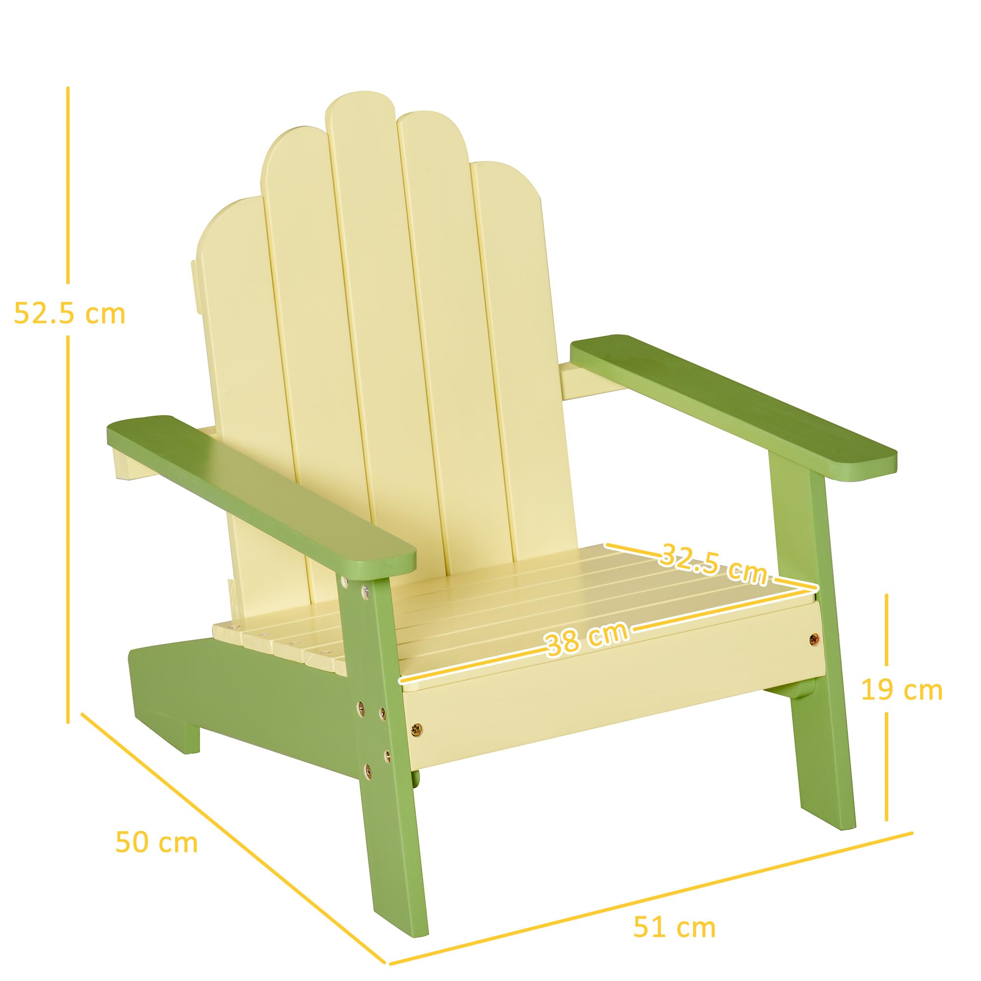 Outsunny Sedia per Bambini 1-4 Anni Ergonomica in Legno di Pino, Sedia Adirondack da Giardino con Vernice Atossica, Braccioli e Schienale, Uso Interno ed Esterno, 51x50x52.5cm, Verde
