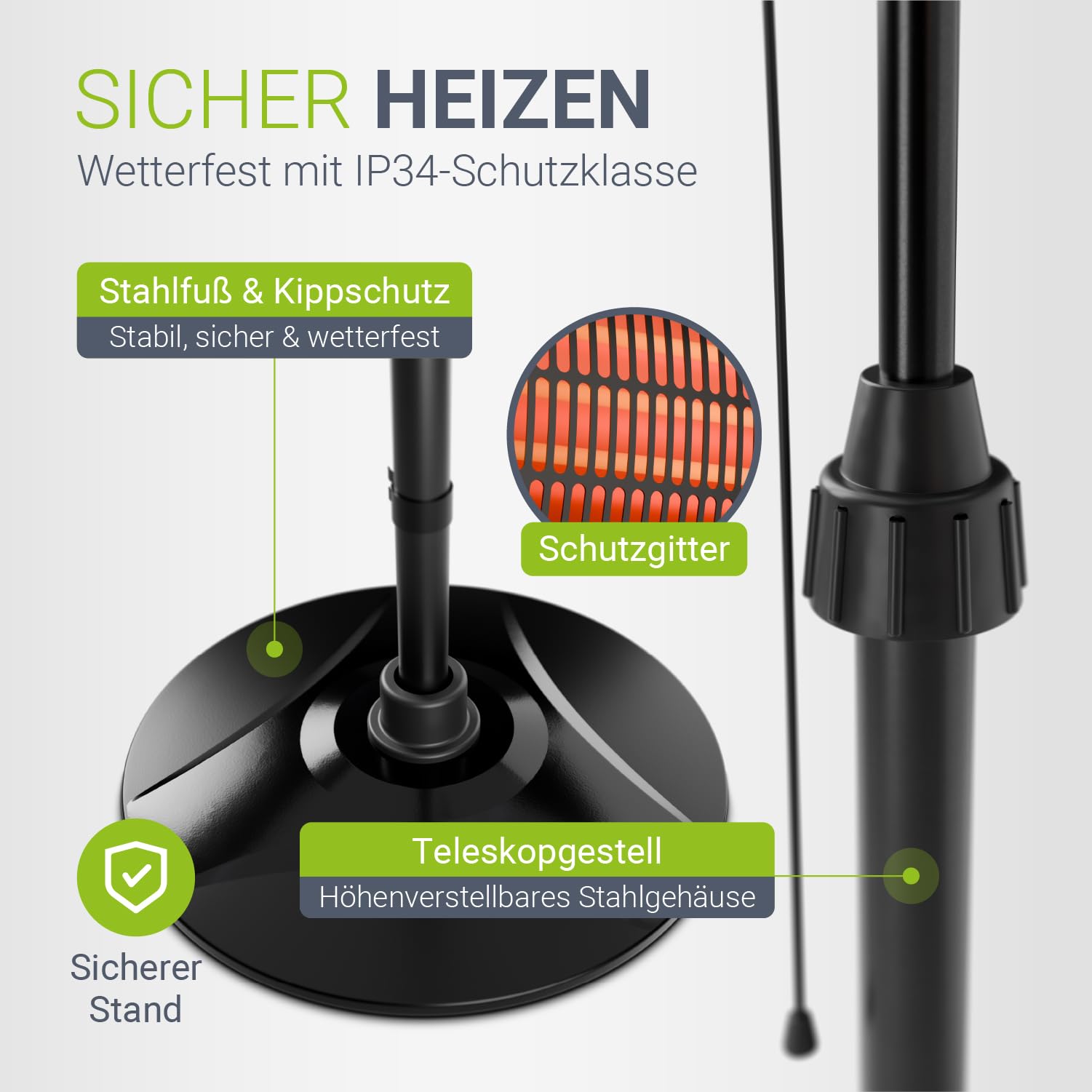 Juskys Infrarotstrahler 2000 W – Heizstrahler in Schwarz, höhenverstellbarer Standheizstrahler, 3 Heizstufen für Terrasse & Garten