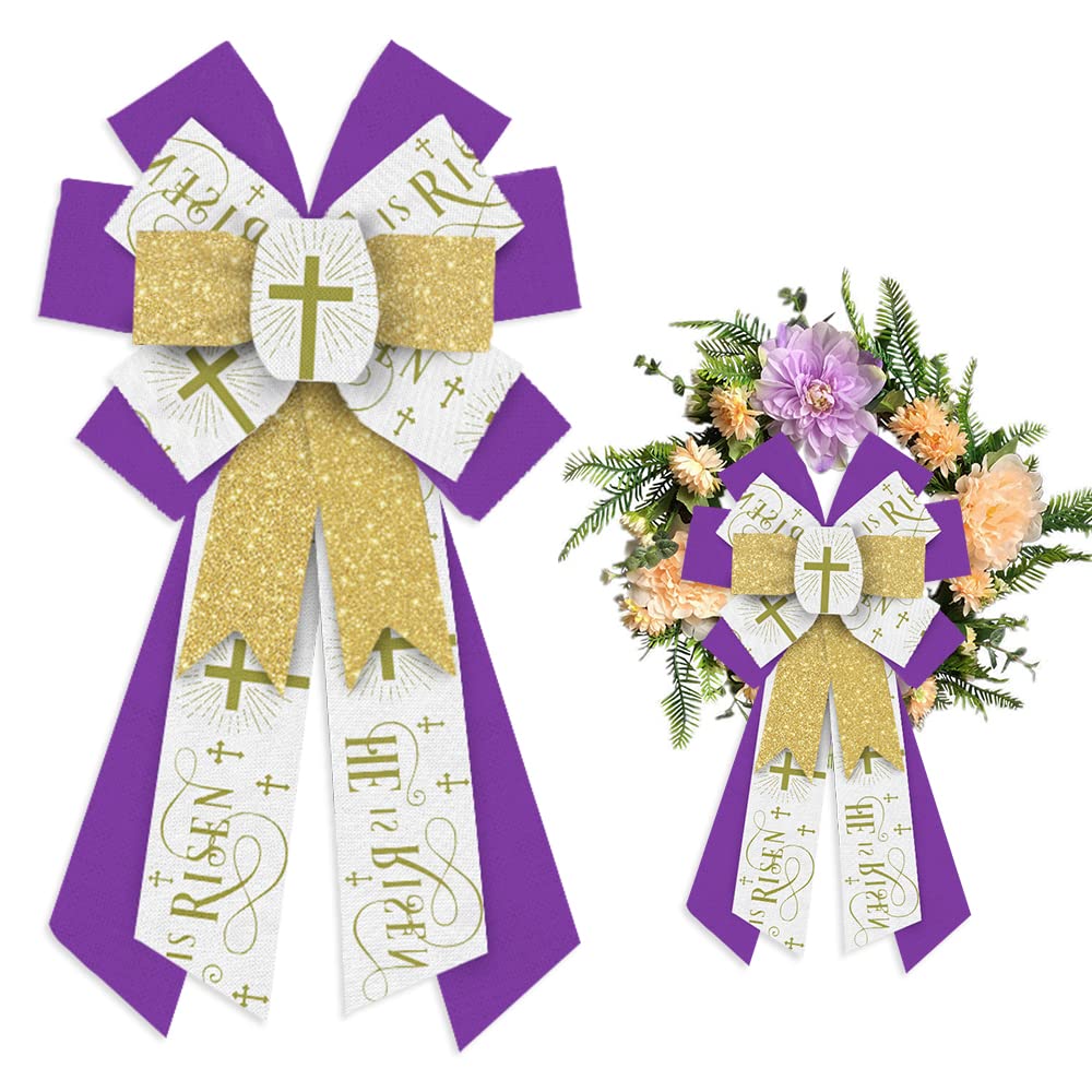 Large Spring Religion Wreath Bows Glitter Gold Purple Cross Burlap Bows for Wreath, He is Risen Words Ribbon Bows Retro Easter Decor Bows for Easter Indoor Outdoor Decoration Wreath Ornament Supplies
