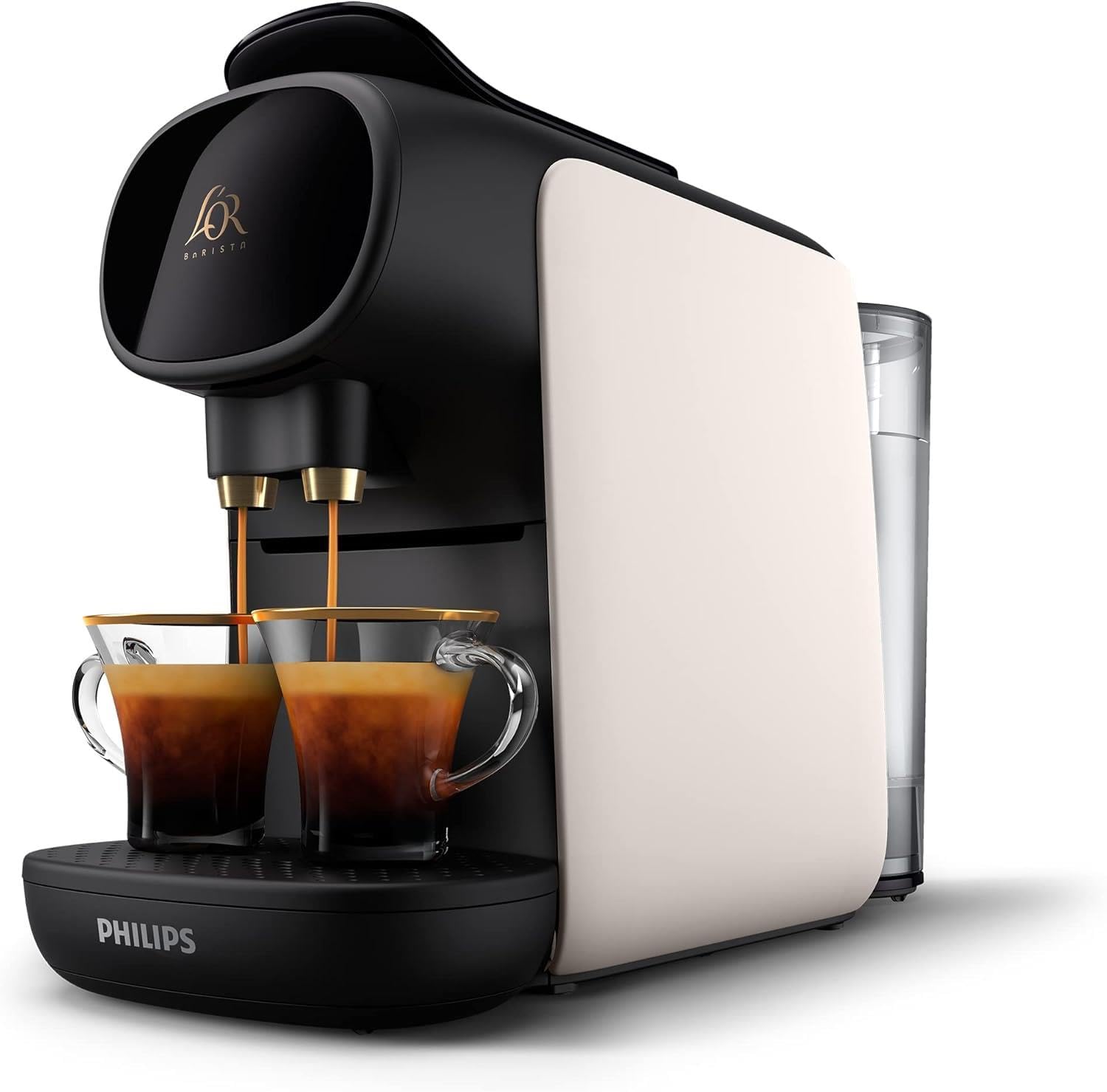 Philips L'Or Barista Sublime-Cafetera Espresso de Cápsulas, 19 Bares de Presión, Para cápsula Simple y Doble, Doble salida para 1 o 2 Tazas, Inlcuye kit de Degustación, Blanco satinado (LM9012/00)