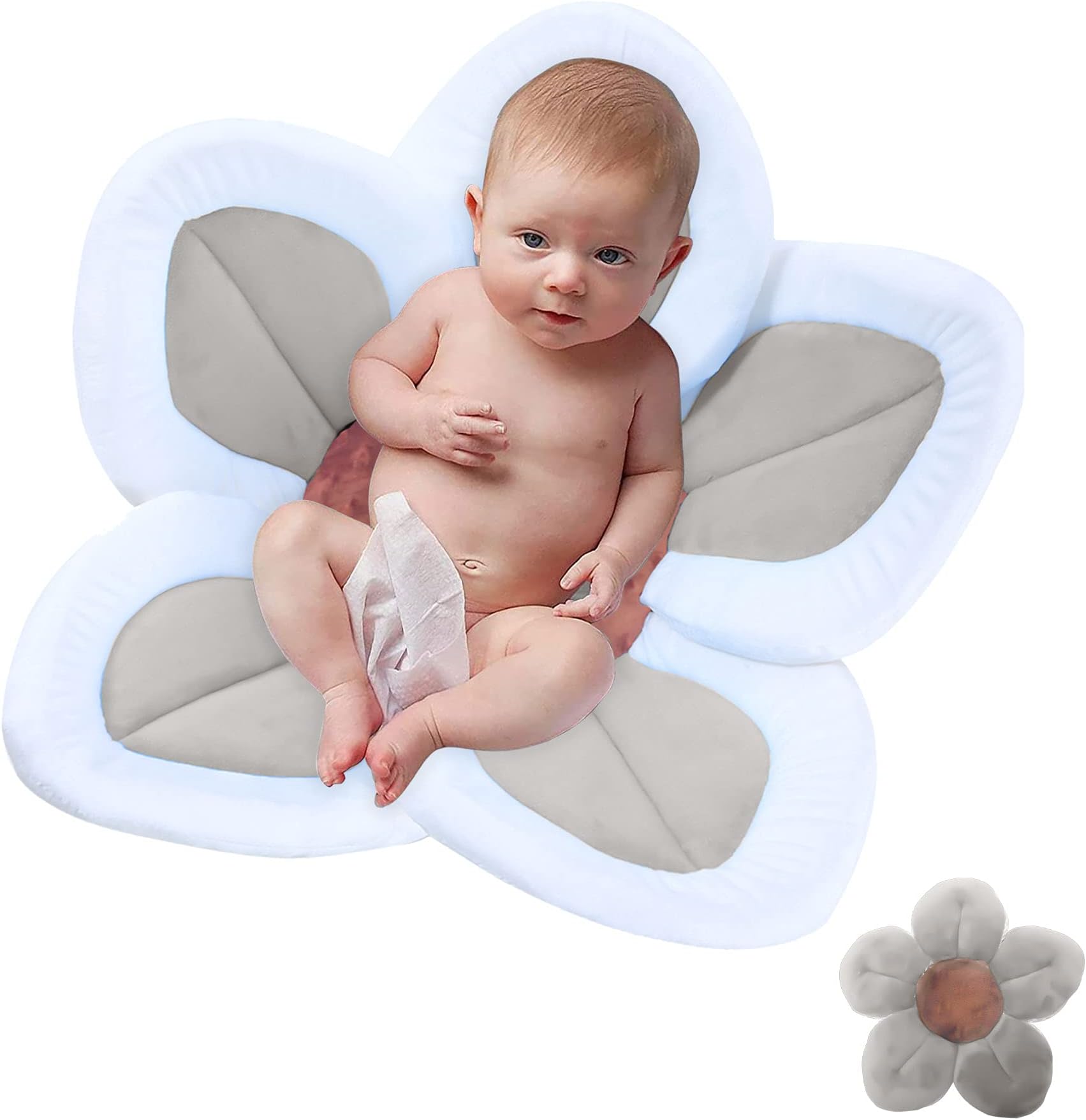 Baby Bath Flower Soft Cushion Non-Slip Safety Sink Insert Tub Creative Play-mat 0-12 Months, Includes Mini Bath Flower Scrubby BPA Free (Baby Grey)