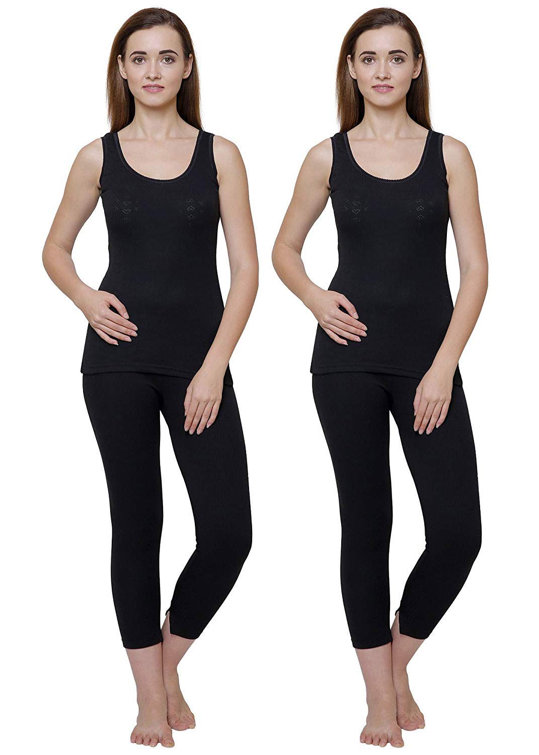 bodycare insider Gold Women Black Round Neck Sleeveless Slips Upper/Top and Lower/Trouser/Bottom Thermal Set - Pack of 2-picture-48