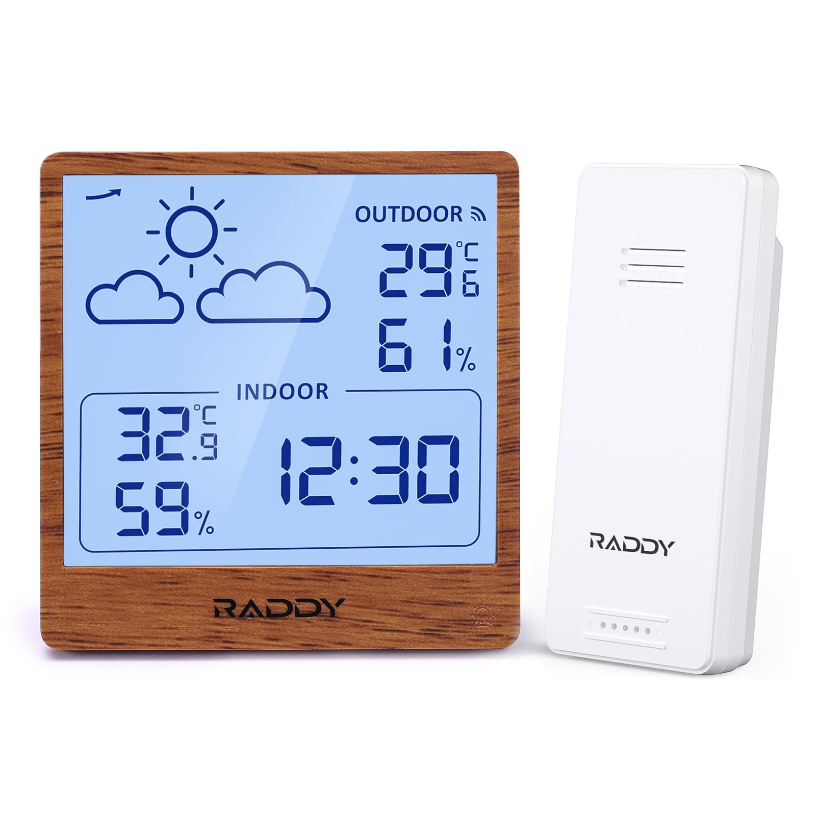 Raddy WF-50T Indoor Outdoor Thermometer Hygrometer Wireless Weather Station, Battery Powered Temperature & Humidity Monitor with 5.0’’ TN Display, Weather Forecast, Wireless Remote Sensor (Dark Wood)