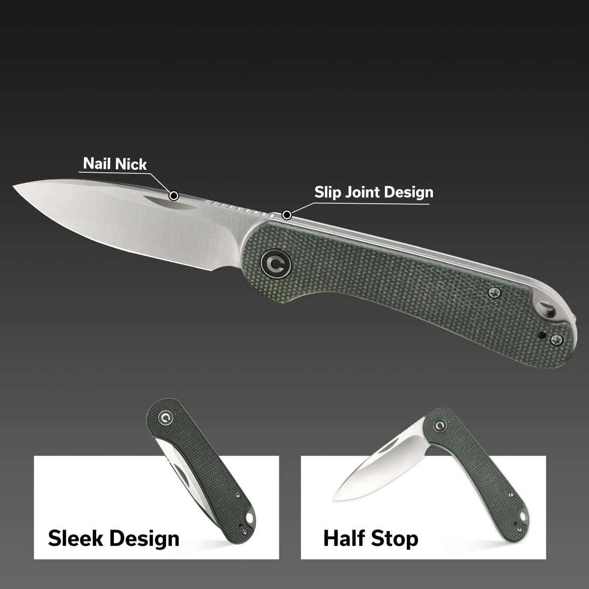 CIVIVI Elementum Slip Joint Taschenmesser Klappmesser 7,52 CM 14C28N Klinge Canvas-Micarta-Griff, Outdoor EDC-Messer C18062AJ-2 (Grün)