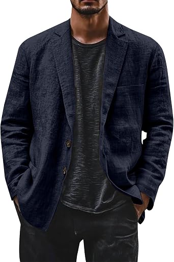 Linen Blazer Men Leisure Suit Jacket Two Button Lightweight Sports Coats Loose Fit Business Office Blazer Solid Color Versatile Suit Jacket Notch Lapels Suits Jackets with Pocket