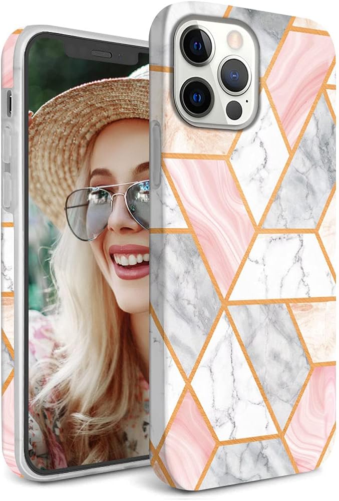 hepix Pink Marble Compatible with iPhone 12 Pro Max Case Geometric Stripes, Grey White Marble Phone Case IMD Anti-Yellow Anti-Scratch, Shockproof Full-Body Protective Cover for iPhone 12 Pro Max 2020