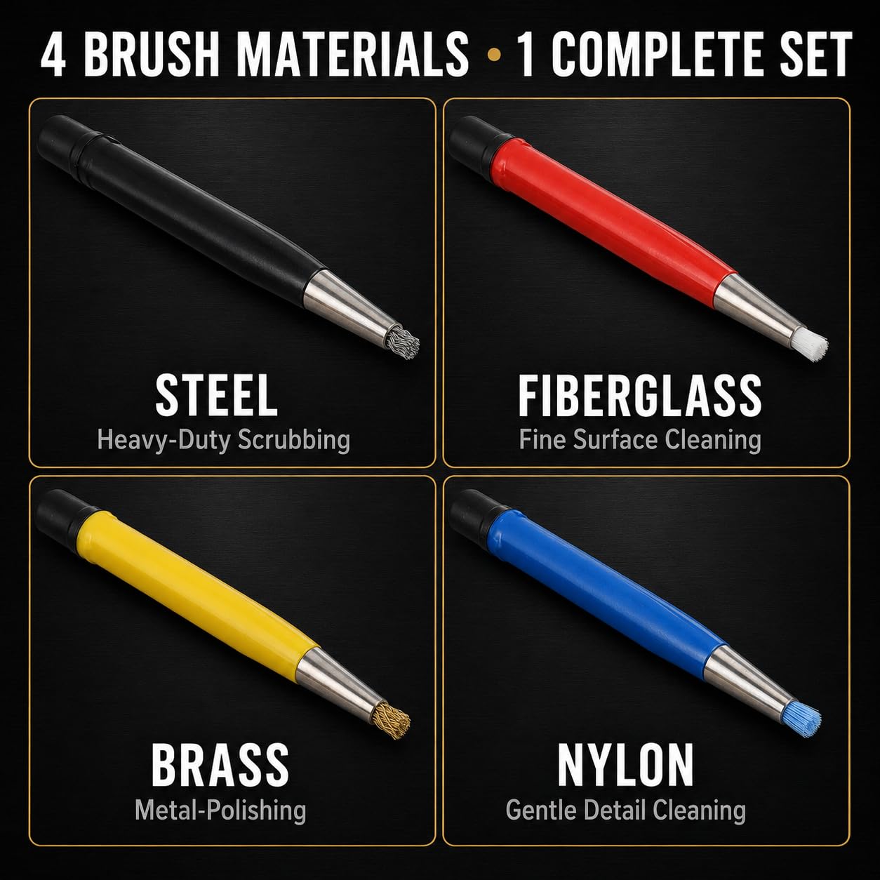 4 Piece Fiberglass Scratch Brush Pen Set with Steel, Brass, Nylon Tips