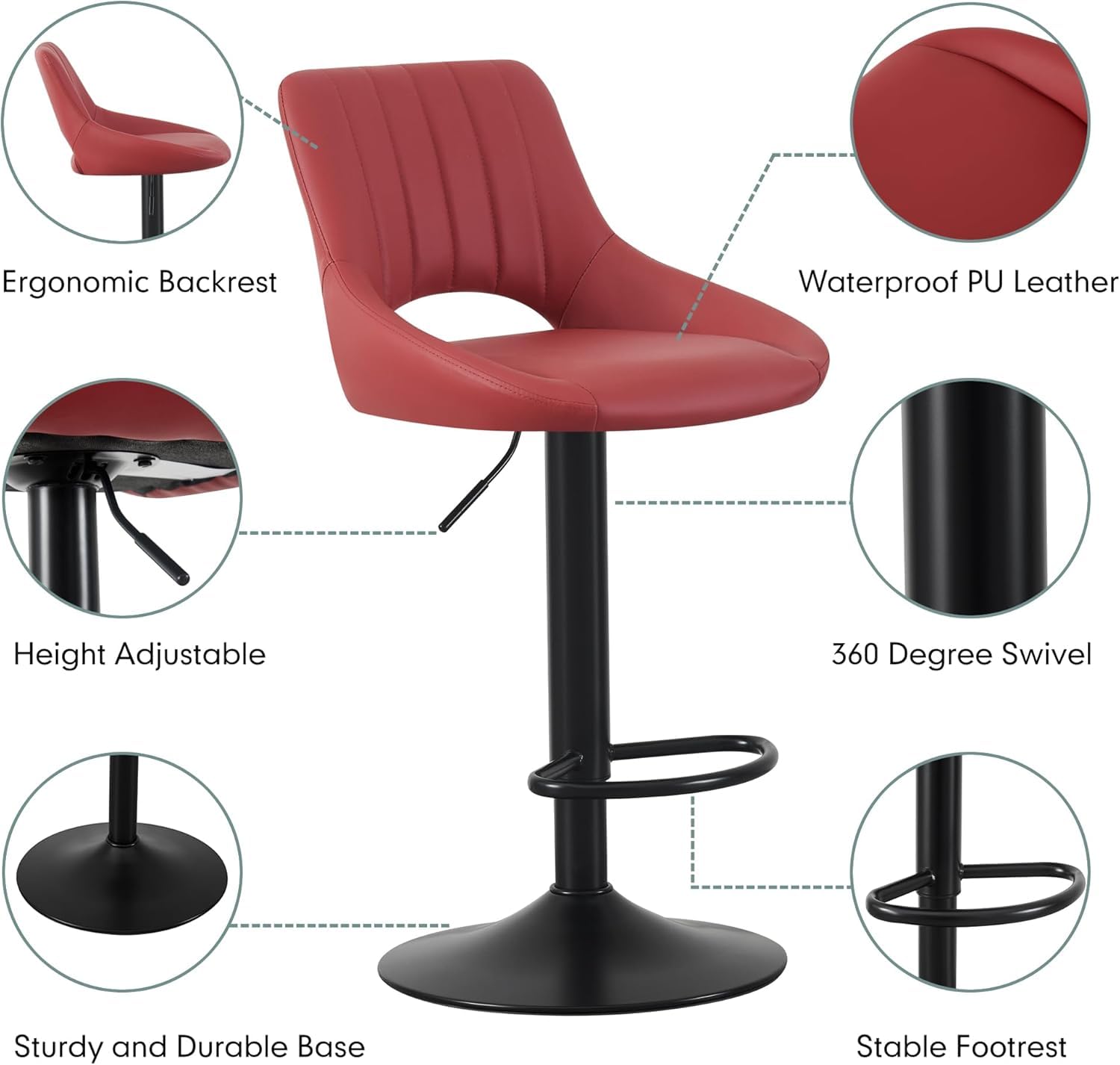 mcc direct Stacey Lot de 2 tabourets de bar pivotants réglables en hauteur avec dossier, siège en cuir, repose-pieds et base en métal pour la maison, la cuisine et le restaurant (rouge)