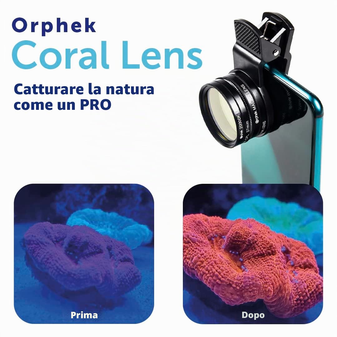 Orphek Coral Lens – Kit per tutti gli smartphone – 4 lenti incluse: Macro, CPL 37mm polarizzato, 15.000k arancione, 20.000k giallo – Clip universale per telefono – Per una migliore fotografia
