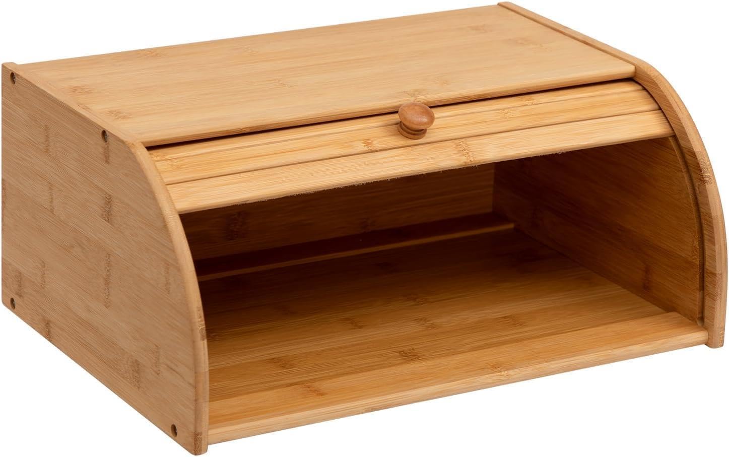 Vivaas Brown Bamboo Bread Bin Storage Counter Top Roll Top Bread Box Space Saving Roll-Top Breadbin For Countertop Store Bread Cake And Baked Goods Wooden Kitchen Storage Bin Bread Storage Containers