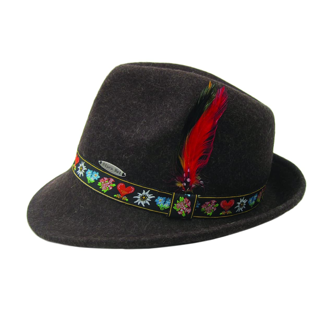 Oktoberfest Haus Alpine Brown Wool Fedora for Men and Women - Oktoberfest Costume with Bavarian Edelweiss Band and Feather - German Hat, Traditional Bavarian Trachten Accessory | Large