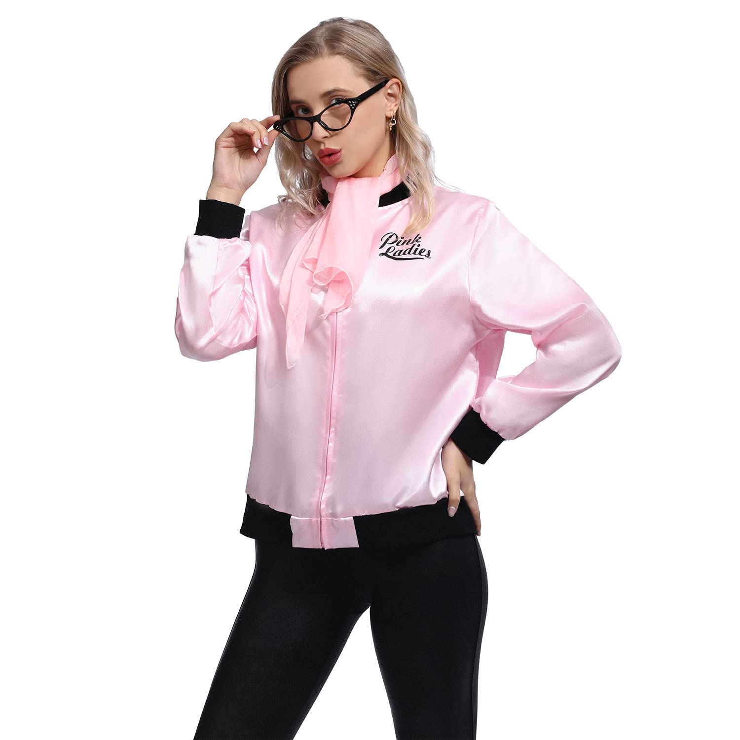 Wizland rosa chaqueta de grasa de las señoras para el disfraz de cosplay de Halloween 1950 rosa chaqueta de satén con bufandas de cuello y gafas