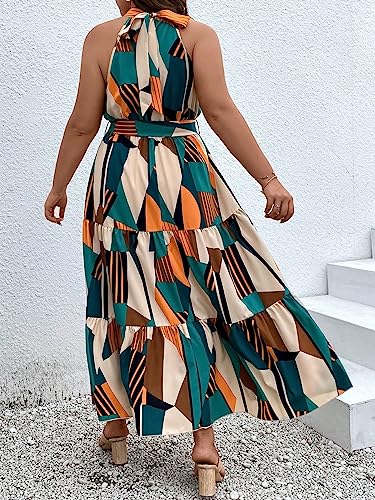 Image of Floerns Women's Plus Size Boho Sleeveless Halter Neck Tie Back A Line Long Dress