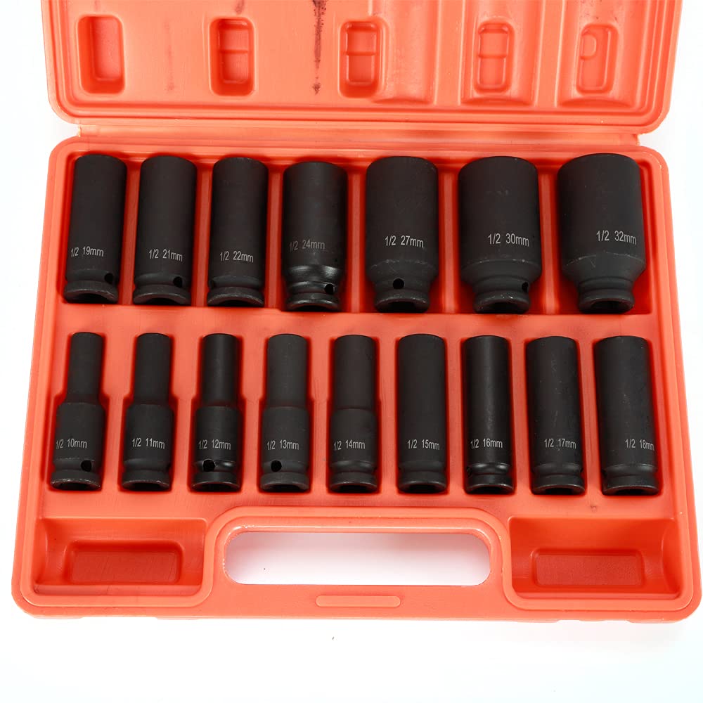 Set di 16 dadi a percussione 1/2", 10-32 mm, acciaio al cromo vanadio per avvitatore a percussione, dadi esagonali robusti con rivestimento fosfato