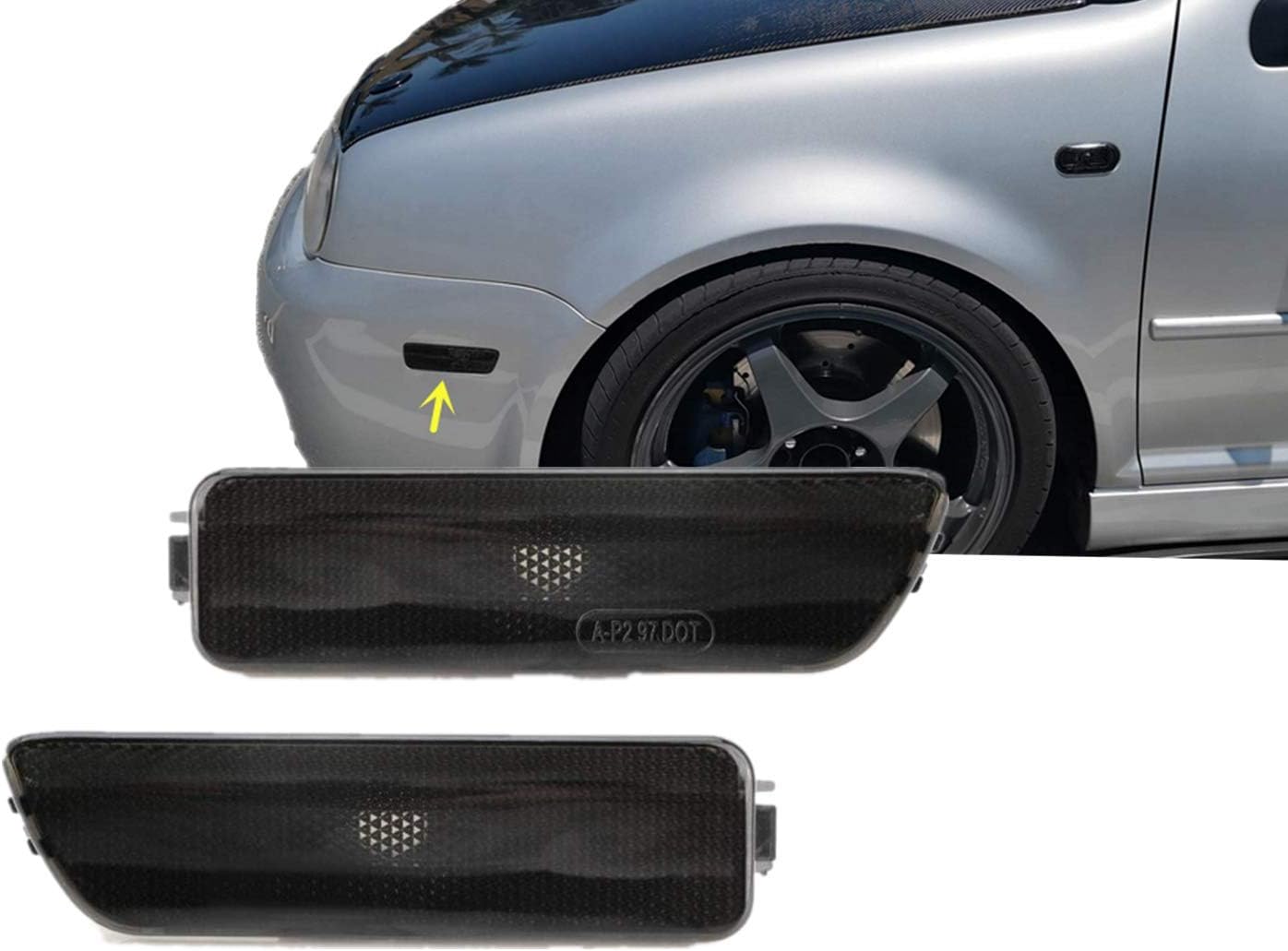 Front Bumper Side Marker Lamps Housings Compatible with 1999-2005 Volkswagen MK4 Golf GTI R32 Rabbit Jetta, Replace OEM Amber Sidemarker Lamps (Dark Smoke)